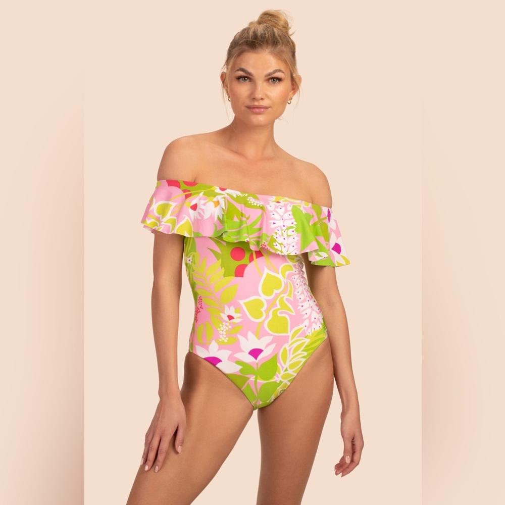 Trina Turk Pink & Lime Floral Off-Shoulder One-Piece Swimsuit